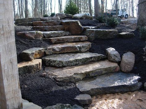 Natural Stone Stairs, Lake Landscaping, Rock Steps, Sloped Backyard Landscaping, Landscape Stairs, Patio Steps, Stone Landscaping, Sloped Backyard, Stone Steps