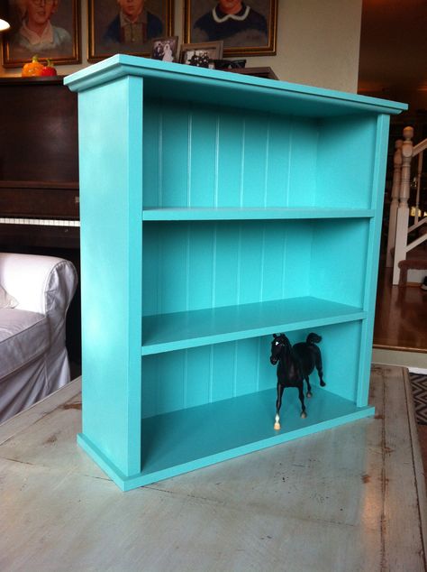 Small turquoise bookshelf with bead-board back. Turquoise Bookshelf, Rummage Sale, Bead Board, December 7, Vintage Market, Bookshelves, Furniture Diy, House Ideas, Bookcase