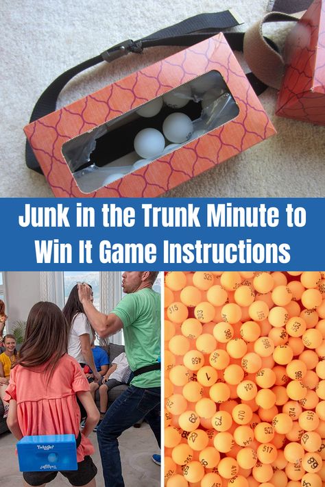 Junk in the Trunk Minute to Win It Game - How to Play - Peachy Party Minute To Win It Tissue Box Game, Shake The Balls Out Game, Tissue Box Ping Pong Game, Junk In The Trunk Game Christmas, Ping Pong Ball Tissue Box Game, In It To Win It, Minuit To Win It Games, Tissue Box Game Shake, Minute To Win It Games With Ping Pong Balls