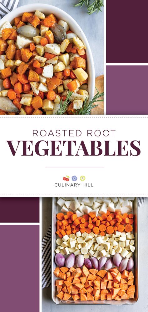 This simple recipe for roasted root vegetables is the best way to eat the rainbow! A variety of good-for-you veggies laid out on a baking sheet and roasted at a high heat leads to golden brown perfection. A sprinkling of rosemary and thyme is added to balance the sweet, caramelized sugars produced during roasting. via @culinaryhill Roasted Beets Carrots Potatoes, Turnip And Beet Recipes, Roasted Beets And Potatoes, Roasted Beets And Turnips, Roasted Root Vegetable Medley, Beets And Cabbage Recipe, Beets And Turnips Recipe, Sweet Potato And Turnip Recipes, Sweet Potato Medley