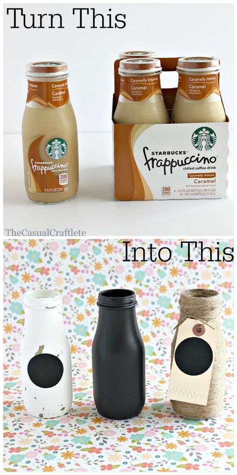 Starbucks Glass Bottle Crafts, Diy Glass Bottles, Starbucks Bottle Crafts, Starbucks Glass Bottles, Upcycle Containers, Starbucks Frappuccino Bottles, Bottles Craft, Starbucks Bottles, Decorative Bottles