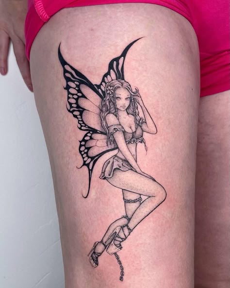 Aries Fairy Tattoo, Naked Fairy Tattoos For Women, Dark Fairy Tattoo Designs, Naked Fairy Tattoo, Black Fairy Tattoo, Fairy Tattoo Designs Unique, Faerie Tattoo, Gothic Fairy Tattoo, Fairy Logo