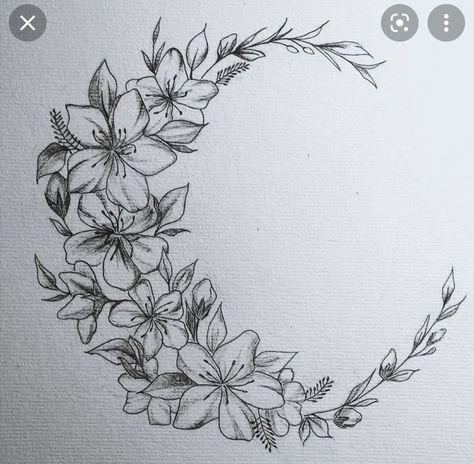 Moon Of Flowers Tattoo, Moon And Flowers Drawing, Flower Moon Tattoo Designs, Flower Moon Tattoo, Moon And Flower Tattoo, Flower Tattoo Stencils, Half Moon Tattoo, Moon Drawings, Beautiful Flower Tattoos