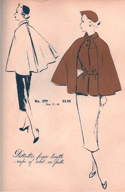 Originator 299--I would love to find this pattern!! 50s Winter Fashion, 1950s Winter Fashion, Vintage Winter Fashion, Fall Capes, 1950s Coat, Winter Sewing Projects, Patron Vintage, Cape Pattern, Cape Designs