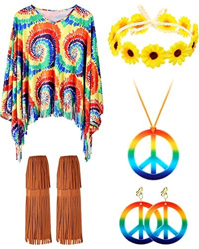 60s 70s Outfits, Poncho Costume, Sunflower Crown, 1970s Party, Crown Wreath, Sunflower Headband, Peace Earrings, Daisy Headband, Rainbow Peace