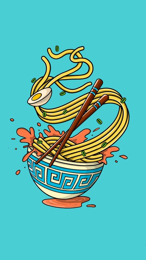 Instagram: wrong__dimension Food Doodle Art Illustrations, Thai Food Illustration, Pho Drawing, Mochi Illustration, Flying Noodles, Art For Friends, Japan Ramen, Noodle Doodle, Japanese Food Art