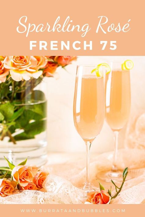 Looking for an easy sparkling rosé cocktail? You'll love this sparkling rosé French 75! This sparkling rosé wine is a perfect special occasion cocktail and a fun twist on your classic French 75. It's also the perfect signature cocktail. #sparklingrosécocktail #roséfrench75 #signatureweddingdrinks #signaturecocktailswedding #roséfrench75 #french75 #signaturecocktails #rosecocktails Fancy Cocktail Recipes, Rosé Cocktail, Smoked Salmon Platter, Salmon Platter, French 75 Cocktail, Signature Cocktails Wedding, Rose Cocktail, Rosé Wine, Fancy Dinner Party