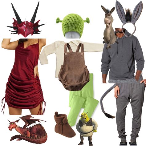 Donkey And Dragon Shrek Costume, Donkey And Dragon Costume, Shrek Inspired Outfits, Shrek Dragon Costume, Shrek Rave, Shrek Halloween, Donkey And Dragon, Shrek Dragon, Donkey Costume