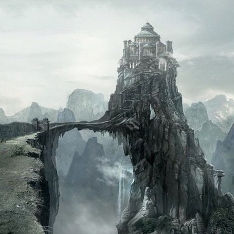 The Eyrie is the principal stronghold of House Arryn. It is located in the Vale of Arryn near the east coast of Westeros. The Eyrie straddles the top of a peak in the Mountains of the Moon several thousand feet above the valley floor below. It is approached by a narrow causeway and road. Those who would approach the Eyrie must pass through three way-castles guarding the ascent - and then, must proceed in single file, making them very vulnerable to archers... House Arryn, Jaime Lannister, Gra O Tron, Landscape Concept, Game Of Thrones Art, Fantasy Castle, Arya Stark, Fantasy Setting, Fantasy Places