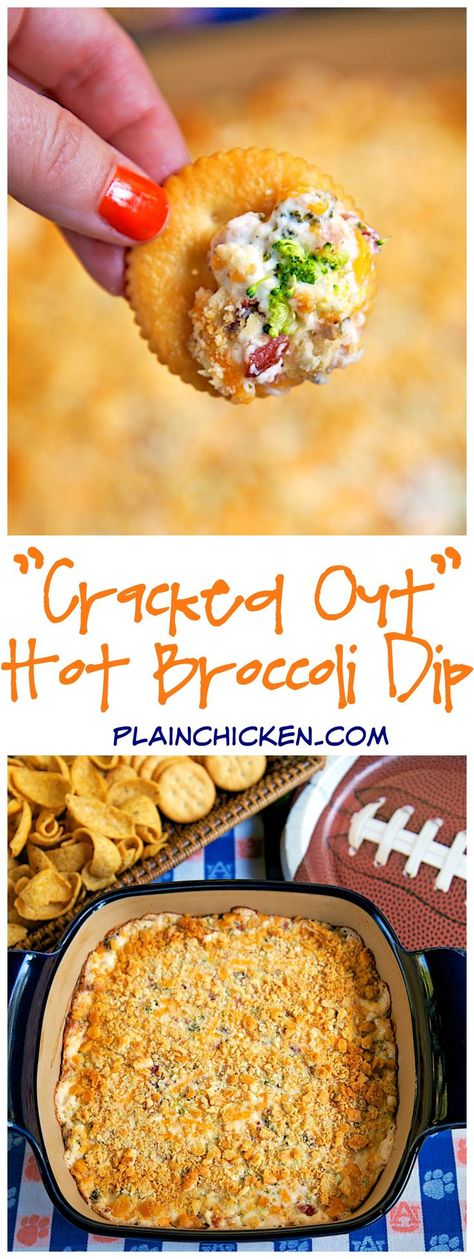 "Cracked Out" Hot Broccoli Dip - baked broccoli dip loaded with cheddar, bacon and ranch. Broccoli Dip, Cracked Out, Football Friday, Baked Broccoli, Party Dip, Taco Dip, Snack Dip, Party Dips, Football Food