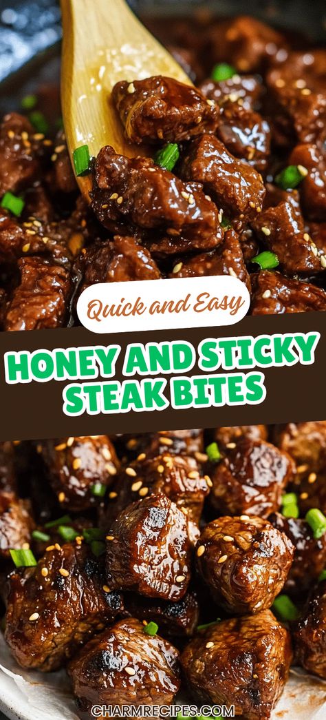 Honey and Sticky Steak Bites Honey Garlic Steak Bites, Tender Steak Bites, Sticky Beef, Beef Bites, Teriyaki Steak, Steak And Rice, Ribeye Steak Recipes, Steak Bites Recipe, Garlic Steak