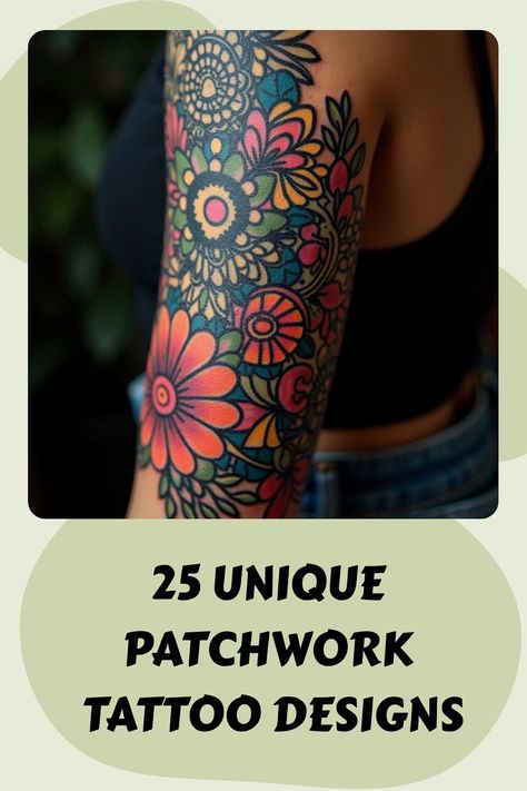 25 Unique Patchwork Tattoo Designs Tattoo Sleeve Filler Backgrounds Color, Tattoo Filler Designs, Womens Traditional Tattoos, Unique Patchwork Tattoo, Neo Traditional Tattoos Women, Tattoo Filler Ideas For Women, Patchwork Tattoo Designs, 70s Inspired Tattoos, Unique Arm Tattoos For Women