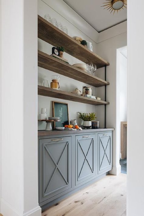 Plumbing Shelves, Backsplash Bar, Modern English Farmhouse, Mirrored Backsplash, Dining Room Built In, Open Pantry, Built In Buffet, Kate Marker Interiors, Built In Hutch