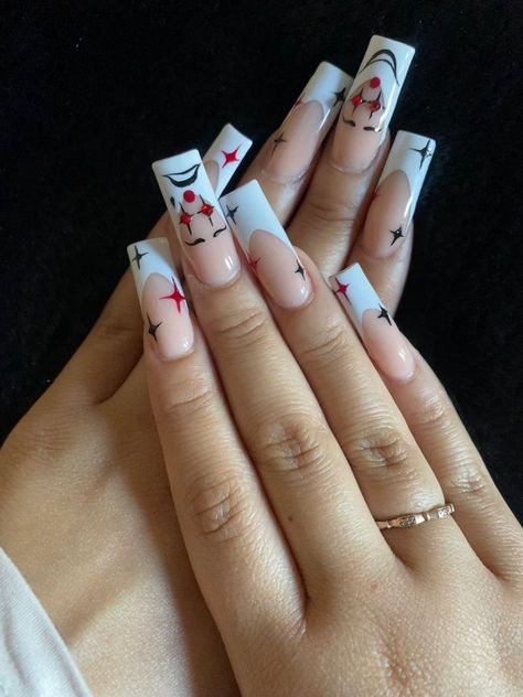 White Cartoon Nails, Street Nails Designs, Euphoria Acrylic Nails, Square Acrylic Nails Halloween, Laugh Now Cry Later Nails, Acrylic Nail Designs Halloween, Nails Chicana, Smile Now Cry Later Design, White Frenchies Nails