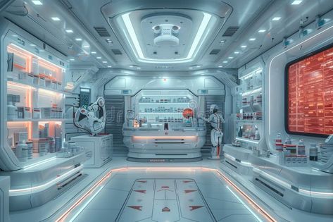 Futuristic medical lab with advanced technology, robots, and high-tech equipment, featuring a sleek and clean design stock photography Starfield Aesthetic, Layered City, Futuristic Laboratory, Futuristic Lab, Lab Aesthetic, Robotics Lab, Space Lab, Fantasy Aesthetics, Future Technology Concept