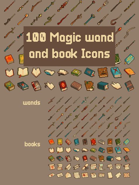 Magic Wand and Book Icon Pack Book Pixel Art Icon, Pixel Fantasy Art, Magic Pixel Art, Magic Wand Art, Magic Spells Art, Book Pixel Art, Minecraft Skins Wallpaper, Pixel Art Items, Pixel Book