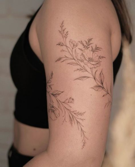 Fine Line Vine Shoulder Tattoo, Flower Shoulder Wrap Tattoo, Floral Shoulder Collar Bone Tattoo, Animal Shoulder Tattoos For Women, Viney Floral Tattoos, Partial Arm Sleeve Tattoo Women, Floral Elbow Wrap Tattoo, Antique Flower Tattoo, Brown Floral Tattoo