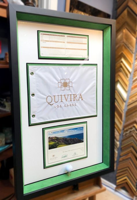 Framing the Ultimate Hole-in-One Golf Ball, Certificate, Flag and Scorecard - Jacquez Art & Custom Framing Golf Flag Display, Hole In One Display, Sports Memorabilia Display, Custom Framing Ideas, Golf Trophies, Golf Ball Displays, Golf Flag, Golf Room, Best Jersey