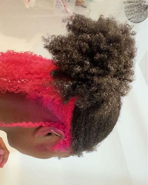 Pink Skunk Stripe Black Women, Curly Peekaboo Hairstyles, Peek A Boo Hair Natural, Pink Skunk Stripe Natural Hair, Hair Dye Ideas Streaks, Skunk Stripe Short Curly Hair, Peekaboo On Natural Hair, Skunk Dyed Hair Pink, Colors To Dye Your Hair Black Women Skunk Stripe