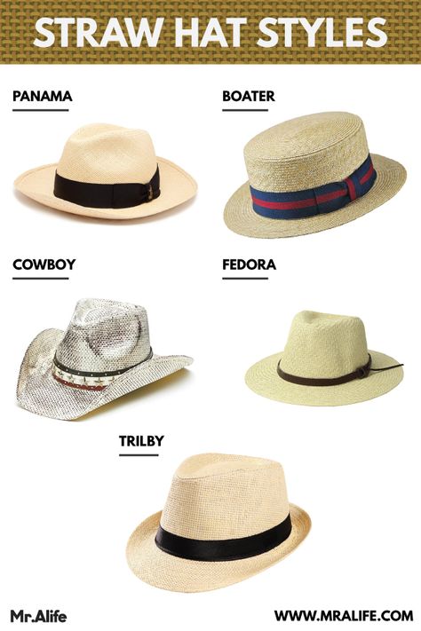 Read this article and find out what are the differences between Panama, Boater, Cowboy, Fedora and Trilby hat. Get some new ideas of straw hat outfit for this summer. #strawhat #panama #boater #cowboy #fedora #trilby Cowboy Fedora Hat, Panama Hat Men Outfit, Straw Hat Outfit Men, Hats For Men Trendy Summer, Trilby Hat Women Outfits, Straw Hat Summer Outfit, Brown Straw Fedora, Fedora Summer Outfit, Fedora Hat Outfit Summer