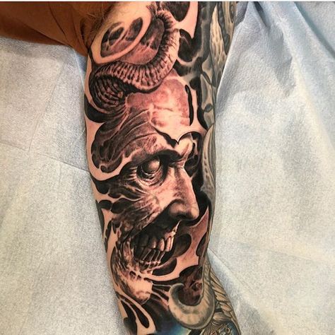 Intense as he'll Paul Booth Tattoos, Jesus Tattoo Sleeve, Mine Tattoo, Paul Booth, Jesus Tattoo, Horror Tattoo, Tattoo Design Book, Realism Art, Scary Art