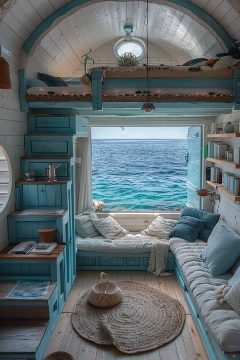 Ocean House Aesthetic, Seaside Interior Design, Houseboat Bedroom, Island House Interior, Small Beach House Living Room, Tiny Beach Cottage, Cozy Beach Cottage, Indoor Beach, Small Beach Houses