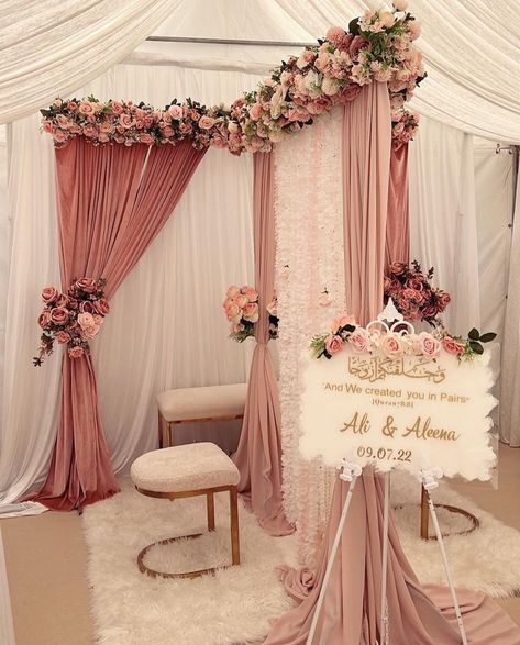 Bridal Background Decoration, Nikka Decorations, Mosque Nikkah Decor, Home Nikkah Ideas, Pakistani Engagement Decorations At Home, Pink Nikkah Decor, Small Nikkah Ideas At Home, Nikkah Partition Decor, Nikkah Divider