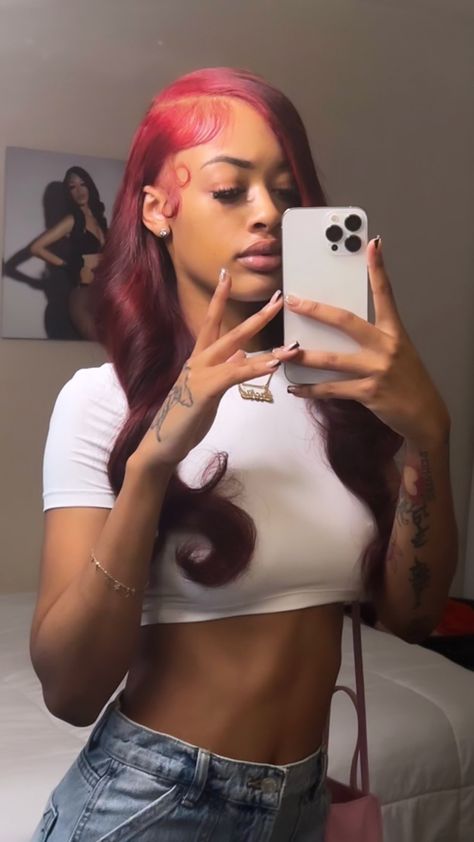 Cute Hairstyles With Red Hair, Red Leave Out, Red Side Part Quick Weave, Burgundy Quick Weave, Red Hair And Red Eyebrows, Red Hair Baddie, Red Side Part, 28 Inch Wig, Red Hair Black Women