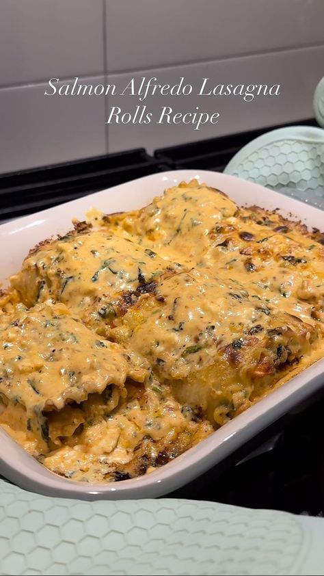 Lots of requests for this recipe when I posted on my story so here it is! Salmon Alfredo Lasagna Rolls 👩🏾‍🍳👉🏾👈🏾 Step 1: Cook lasagna noodle… | Instagram Lasagna Rolls Alfredo, Salmon Stuffed Shells Recipe, Seafood Alfredo Lasagna, Salmon And Shrimp Stuffed Lasagna Rolls, Salmon And Shrimp Lasagna Rolls, Salmon Alfredo Recipes, Seafood Lasagna Rolls, Lasagna Salmon Roll Ups, Salmon Lasagna Recipe