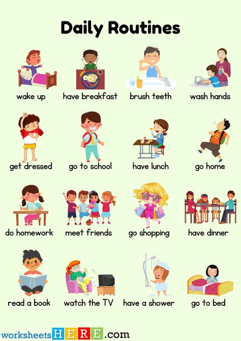 Daily Routines Words with Pictures PDF Worksheet For Kids and Students - WorksheetsHere.com Daily Routine Pictures For Kids, Daily Conversation English For Kids, Daily Activities Worksheet, Daily Routine In English, Daily Routine For Kids, Daily Routine Worksheet, Daily Routine Chart For Kids, Daily Routine Kids, Become More Organized