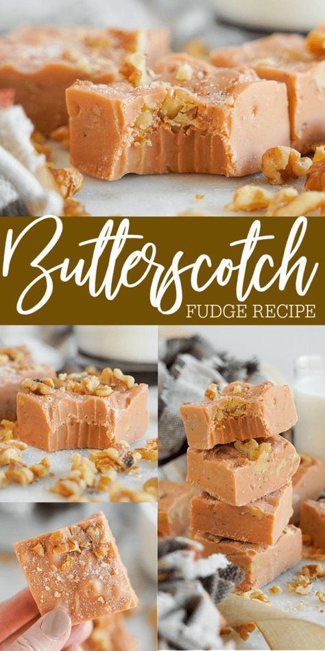 Easy Butterscotch Fudge Recipe! Smooth and Creamy Butterscotch Fudge with condensed milk! If you are looking for recipes with butterscotch chips, make this easy no-bake fudge! This is the PERFECT Fudge recipe for Fall and Christmas but you can make it all year long! #butterscotchrecipes #butterscotch #fudge #nobakefudge Butterscotch Fudge Condensed Milk, Butterscotch Christmas Treats, Eagle Brand Milk Fudge, Sweet Condensed Milk Fudge, Butterscotch Candy Recipe, Quick And Easy Fudge Recipes, Butterscotch Fudge Recipes, Easy 2 Ingredient Fudge, Fun Fudge Recipes