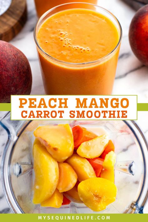 A peach mango carrot smoothie in a glass and with the ingredients added to a blender before pureeing. Frozen Mango Smoothie Recipes, Smoothie Without Milk, Frozen Fruit Smoothie Recipes, Peach Mango Smoothie, Baby Smoothies, Frozen Fruit Smoothie, Mango Smoothie Recipes, Carrot Smoothie, Peach Smoothie