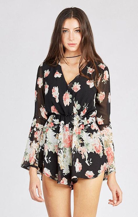 Women's romper. women's jumpsuit. floral romper.jumpsuit.Pink and Black Floral Romper. Longsleeves r Jumpsuit Pink, Rompers Womens Jumpsuit, Verge Girl, Pink And White Flowers, Short Legs, Floral Jumpsuit, Floral Romper, Modern Outfits, Pink And Black