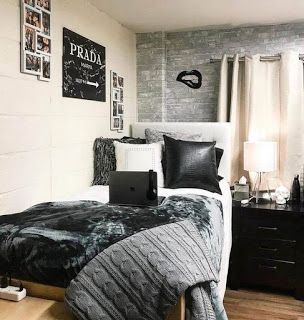 38+ Brilliant Dorm Room Decorating Ideas You Can Try | ARA HOME Black And Grey Dorm Room, Grey Dorm Room Ideas, Grey Dorm Room, Brick Peel And Stick Wallpaper, Elegant Dorm Room, Dorm Room Color Schemes, White Dorm Room, Dorm Room Colors, Industrial Bedroom Design