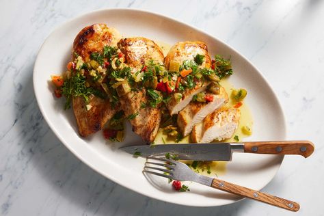 Garlic Chicken With Giardiniera Sauce Recipe - NYT Cooking Chicken Giardiniera Recipes, Giardiniera Chicken, Chicken Giardiniera, Baked Grilled Chicken, Green Sauces, Giardiniera Recipe, Hot Chicken Salad, Fall Entrees, Ny Times Recipes