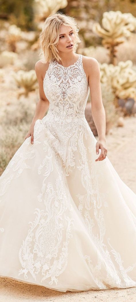 #Ad Sottero and Midgley wedding dress TOVAH. Romantic lace motifs cascade over layers of sparkle tulle in this ballgown, completing the illusion halter neckline with a sheer sweetheart neckline and sheer back. Embellished with sequins for a chic and shimmery feel. From the Fall 2019 bridal collection, available at @maggiesottero. #SotteroandMidgley #MidgleyBride #mylovestory #Wedding #WeddingDress #WeddingDresses #WeddingGown #WeddingGowns #Bridal #Bride #Sleeveless #BallGown #Lace #Halterneck Vintage Tea Length Wedding Dress Lace, Off White Halter Wedding Dress, Wedding Dresses With Covered Back, Aline Wedding Dress Halter Top, Wedding Dresses Covered Chest, Lace Illusion Neckline Wedding Dress, A Line Halter Wedding Dress Plus Size, A Line Style Wedding Dresses, Wedding Dress Aline Lace