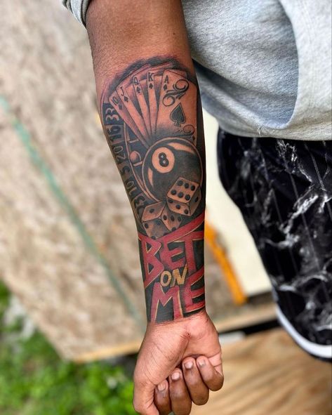 Tattoo Ideas For Men With Color, Bet On Myself Tattoo, Milwaukee Tattoo Ideas, Cover Up Arm Tattoo, Half Sleeve Tattoo For Men Forearm Ideas, Bet On Yourself Tattoo, Meaningful Hand Tattoos, Quarter Sleeve Tattoos For Men Upper Arm, Tattoo Ideas Red