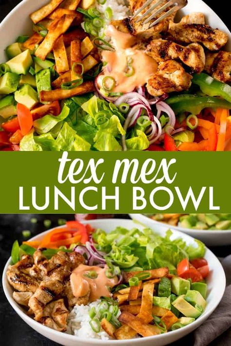 Tex Mex Lunch Bowl - Simply Stacie Burrito Toppings, Creamy Chili, Lunch Bowl Recipe, Bowl Meals, Chicken Fresh, Spicy Salad, Salad With Chicken, Lunch Bowl, Fajita Seasoning