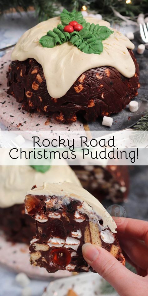 Rocky Road Christmas Pudding! - Jane's Patisserie Rocky Road Christmas Pudding, Rocky Road Christmas, Chocolate Christmas Pudding, Christmas Bakes, Xmas Pudding, Janes Patisserie, Mango Pudding, Christmas Cake Recipes, Christmas Cakes