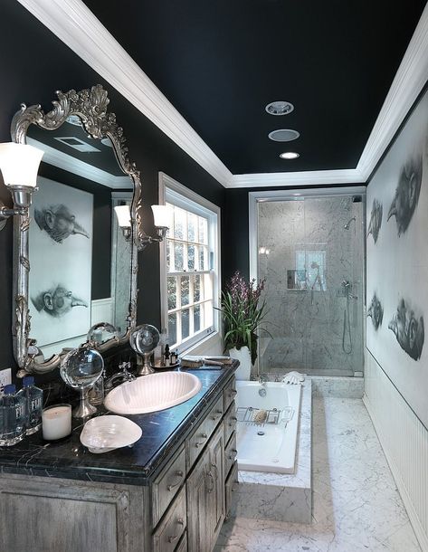 Dark ceiling gives the narrow bathroom a cozy, refined ambiance [Design: Philip Nimmo Design] Bathroom Ceiling Paint, Ceiling Paint Colors, Black And White Tiles Bathroom, Painted Ceilings, Dark Ceiling, Bathroom Design Black, Dark Blue Walls, Dark Bathrooms, Blue Ceilings