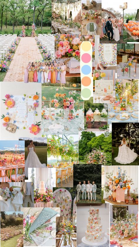 July Summer Wedding Colors, Outdoor Wedding Colorful, Wedding Color Inspo Spring, Summer Wedding Bright Colors, Pink And Orange Spring Wedding, Boho Pastel Wedding, Pastel Garden Party Decoration, Wedding Ideas Spring Colors, Floral Garden Wedding Theme