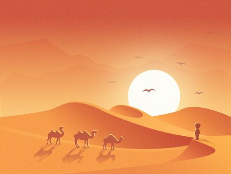 Illustration ( Desert ) by luking on Dribbble Camels Illustration, Desert Drawing, Desert Artwork, Pastel Inspiration, Kid Book, Desert Design, Graphic Illustrations, Desert Art, Desert Painting