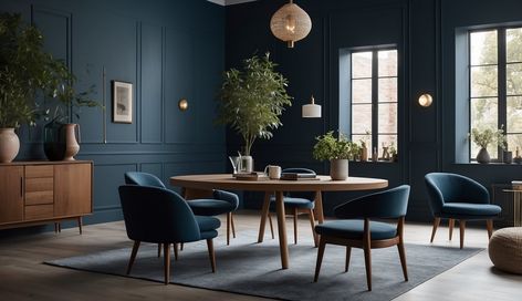 14 Best Paint Colors for Gorgeous Interior Walls Winter Way Behr Paint, Dark Blue Dining Room Walls, House Palettes, Dark Blue Dining Room, Blue Dining Room Walls, Dining Room Wall Color, Dark Dining Room, Dark Blue Paint, Choosing Paint Colours