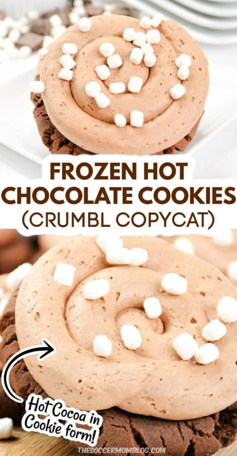 A chilled fudge cookie topped with fluffy cocoa frosting and mini marshmallows — make these Crumbl Frozen Hot Chocolate Cookies at home! Chocolate Cookies Crumbl, Frozen Hot Chocolate Cookies, Cookies Crumbl Copycat, Cocoa Frosting, Cookies Crumbl, Crumbl Copycat, Crumble Cookie Recipe, Crumble Cookies, Crumble Cookie