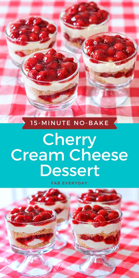 No-Bake Cherry Cream Cheese Dessert - Fab Everyday Mini Cheesecake Dessert Cups, Cherry Filling Recipes Canned, Canned Cherry Pie Filling Desserts, Cherry Desserts Cream Cheese, Mini Dessert Cups Recipes No Bake, No Bake Cherry Cheesecake Cups, Desserts With Canned Cherries, Recipes Using Canned Cherry Pie Filling, Canned Cherries Recipes Desserts