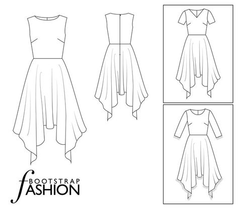 You can sew our handkerchief dress sewing pattern in so many different ways! It comes with 3 neckline options and can be sewn with long, short or no sleeves! #dresspattern #bootstrapfashion #dress #sewing #sewingpattern #asymmetric Handkerchief Dress Pattern, Hankerchief Dress, Plus Size Sewing Patterns, Plus Size Sewing, Handkerchief Hem Dress, Girls Long Dresses, Dress Patterns Free, Flat Sketches, Sewing Instructions