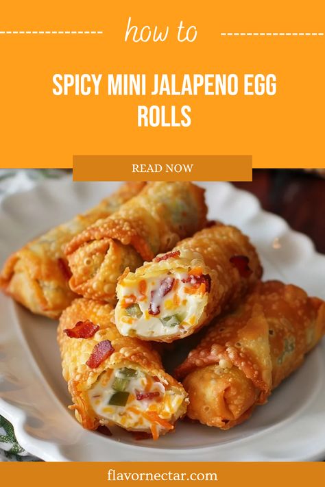 These Spicy Mini Jalapeno Popper Egg Rolls are a delicious take on a classic party snack. Featuring crispy wraps filled with spicy jalapeno and creamy cheese, they are perfect for gatherings. This pin showcases just 1 image of this appetizing dish. Jalapeño Popper Egg Rolls, Jalapeno Egg Rolls, Jalapeno Popper Egg Rolls, Reuben Egg Rolls, Roll Appetizers, Egg Roll Ingredients, Spicy Appetizers, Egg Roll Wrappers, Jalapeno Popper