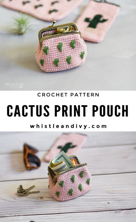 This pretty cactus crochet coin pouch pattern features simple embroidered cactuses, and a classic kiss clasp for enduring style. It's perfect for stowing your small essentials, to help keep your bag or purse organized. Makes a lovely, heartfelt gift or a great addition to your summer crochet fair booth! Pattern download also includes 2 additional patterns, a sunglass pouch and a cactus clutch! #whistleandivy #crochetclutch #crochetcoinpurse #crochetpouch #crochetclutchpattern #summercrochet #c Crochet Coin Purse Pattern, Crochet Coin Pouch, Ivy Crochet, Pretty Cactus, Crochet Clutch Pattern, Sunglass Pouch, Pouch Crochet, Coin Purse Pattern, Locker Hooking