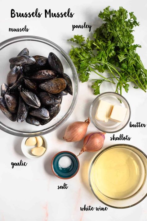 Brussels Mussels (Mussels Steamed in Wine from Belgium) - The Foreign Fork Mussel Meat Recipe, Belgian Cuisine, Meat Recipe, Master Chef, Garlic Salt, Shallots, Soups Stews, Brussels, Soups And Stews