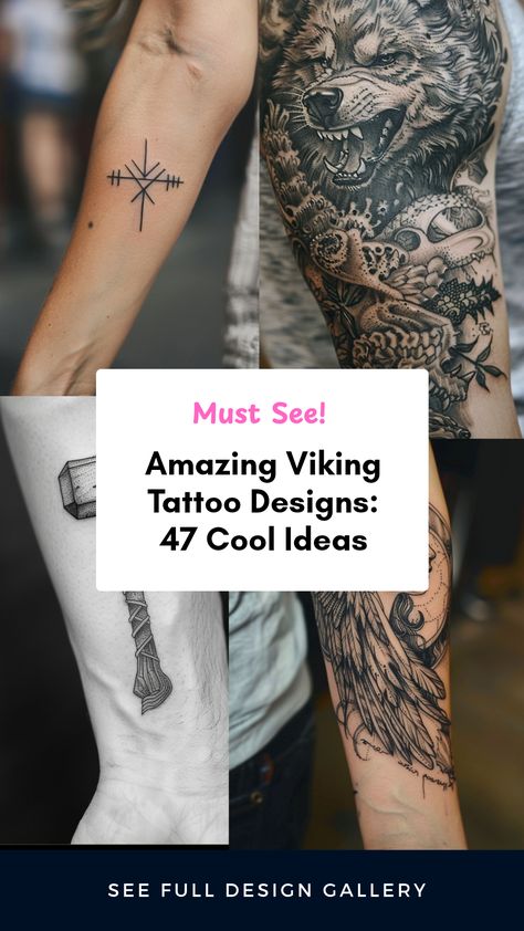 A collection of four stunning Viking tattoo ideas, featuring Mjolnir, Wolf, Valkyrie, and runes, showcasing unique designs perfect for any Norse mythology enthusiast. Germanic Tribes Tattoo, Until Valhalla Tattoo, Viking Tattoos For Women Warriors, Viking Tattoos For Men Warriors, Valkyrie Tattoo Symbols, Viking Leg Tattoo, Nordic Mythology Tattoo, Rune Tattoo Ideas, Arm Tattoo Viking